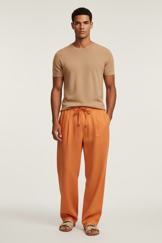 Pantalon Baggy Lin Orange Ample Décontracté Homme