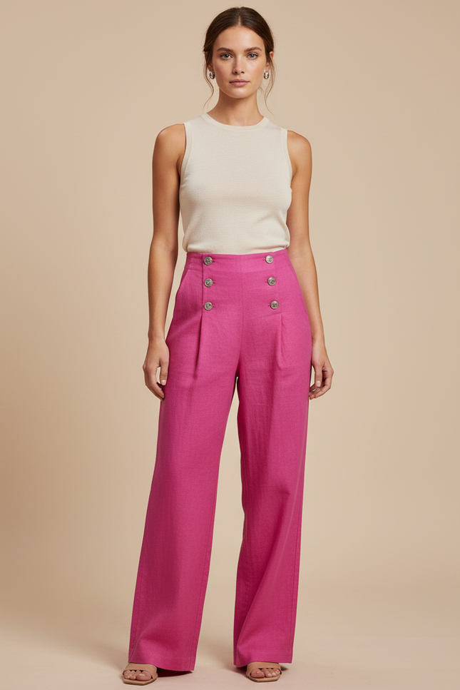 Pantalon Baggy Rose Fuschia Ample Boutons Fluide - Lin
