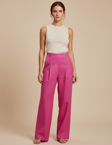 Pantalon Baggy Rose Fuschia Ample Boutons Fluide - Lin