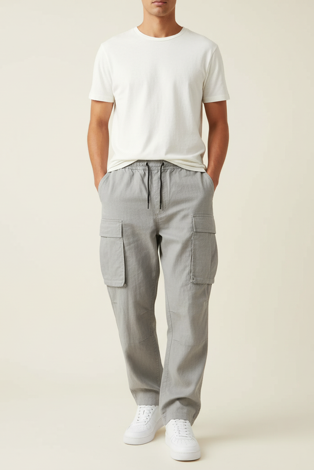 Pantalon Baggy Gris Coton Cargo Ample Décontracté Homme