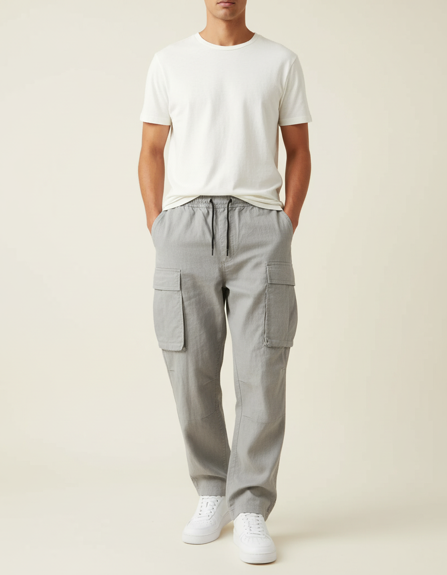Pantalon Baggy Gris Coton Cargo Ample Décontracté Homme