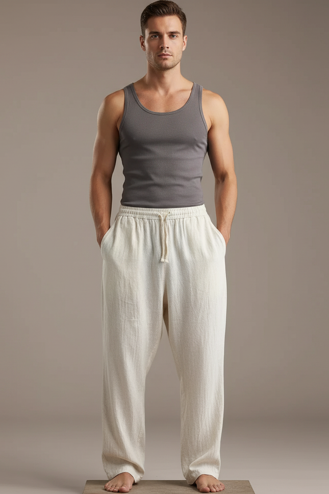 Pantalon Baggy Lin Coton Ample Cordon Beige Homme