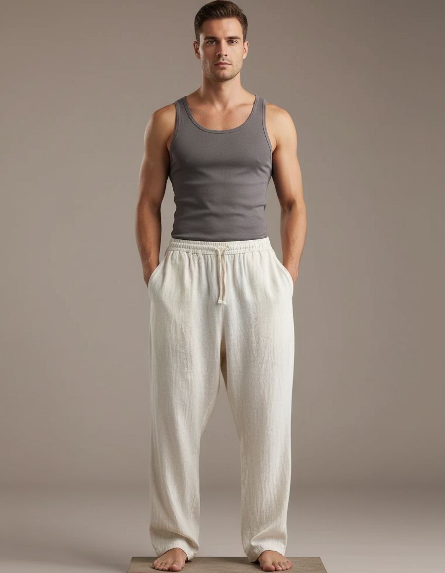 Pantalon Baggy Lin Coton Ample Cordon Beige Homme