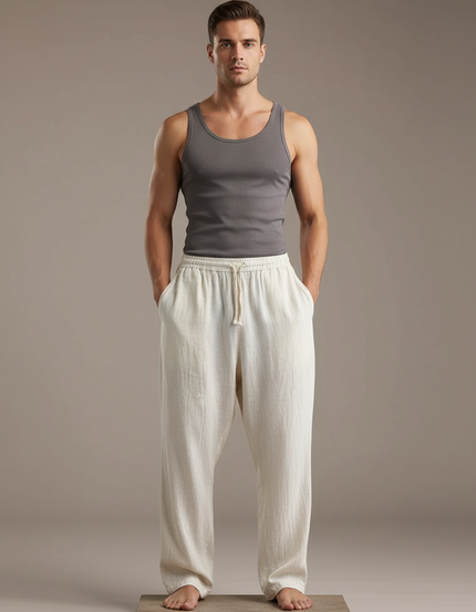 Pantalon Baggy Lin Coton Ample Cordon Beige Homme