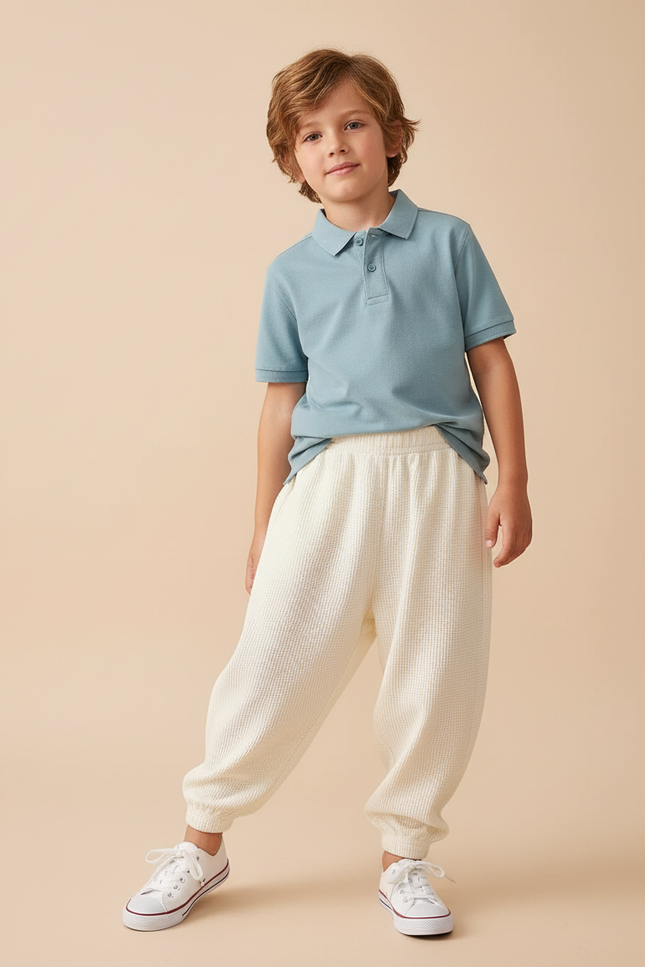 Pantalon Baggy Écru Ample Gaufre Confortable Enfant - Beige Maille