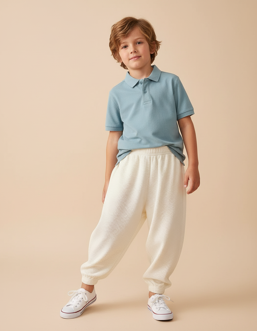 Pantalon Baggy Écru Ample Gaufre Confortable Enfant - Beige Maille