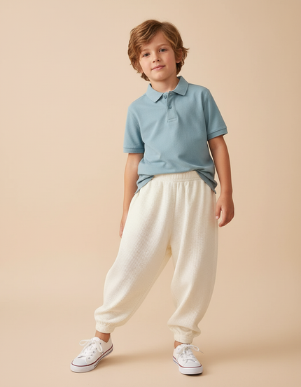 Pantalon Baggy Écru Ample Gaufre Confortable Enfant - Beige Maille