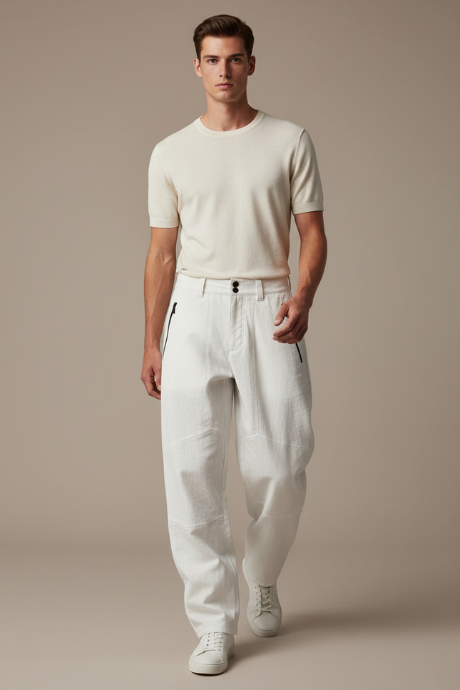 Pantalon Baggy Blanc Cassé Ample Coton Décontracté Homme