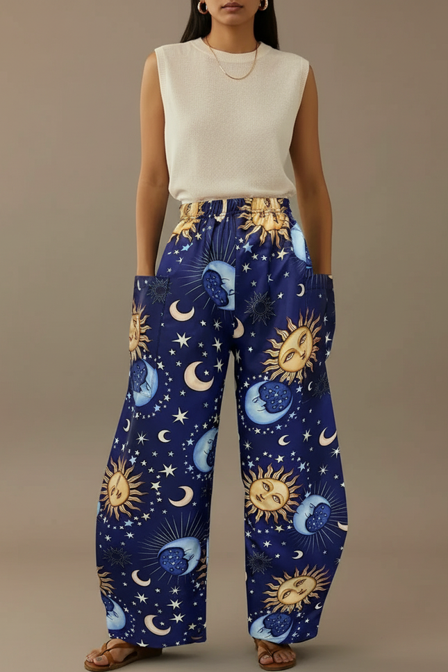 Pantalon Baggy Bleu Imprimé Soleil Lune Étoiles Ample Fluide - Marine Viscose