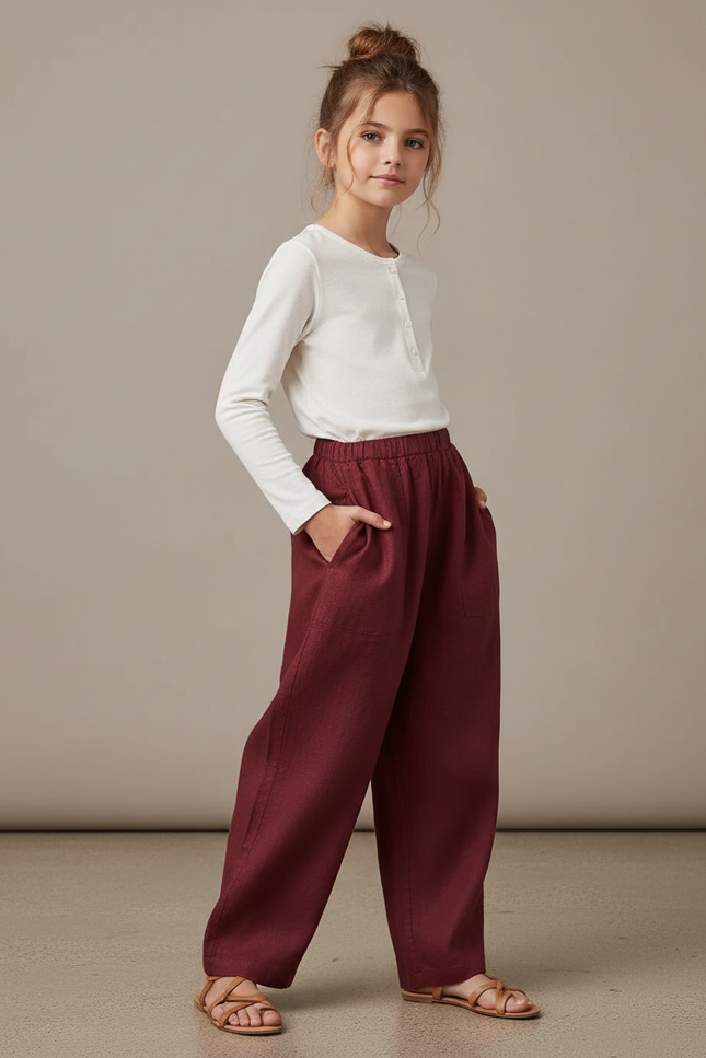 Pantalon Baggy Bordeaux Lin Ample Décontracté Élégant