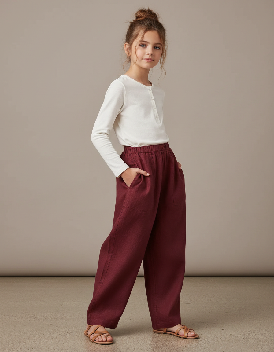Pantalon Baggy Bordeaux Lin Ample Décontracté Élégant