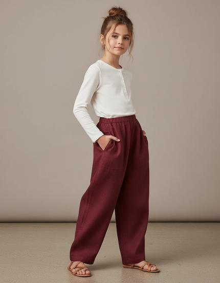 Pantalon Baggy Bordeaux Lin Ample Décontracté Élégant