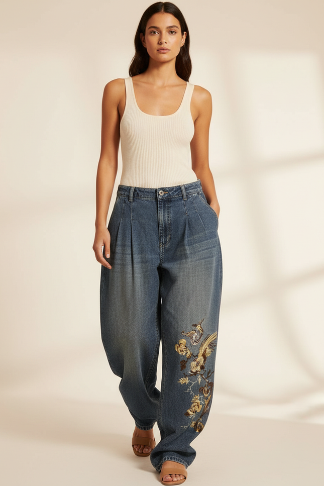 Pantalon Baggy Jean Bleu Brodé Ample Décontracté