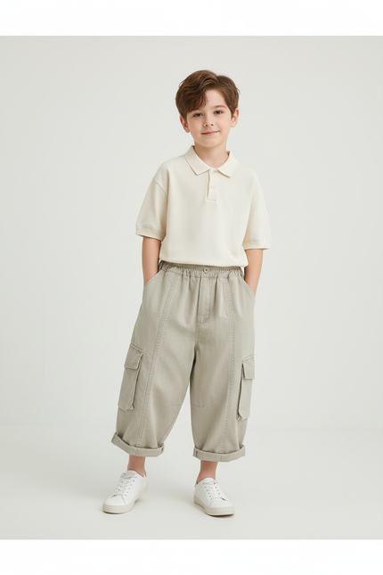 Pantalon Baggy Cargo Ample Coton Beige Garçon