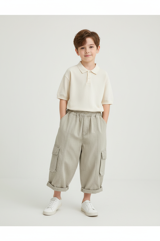 Pantalon Baggy Cargo Ample Coton Beige Garçon