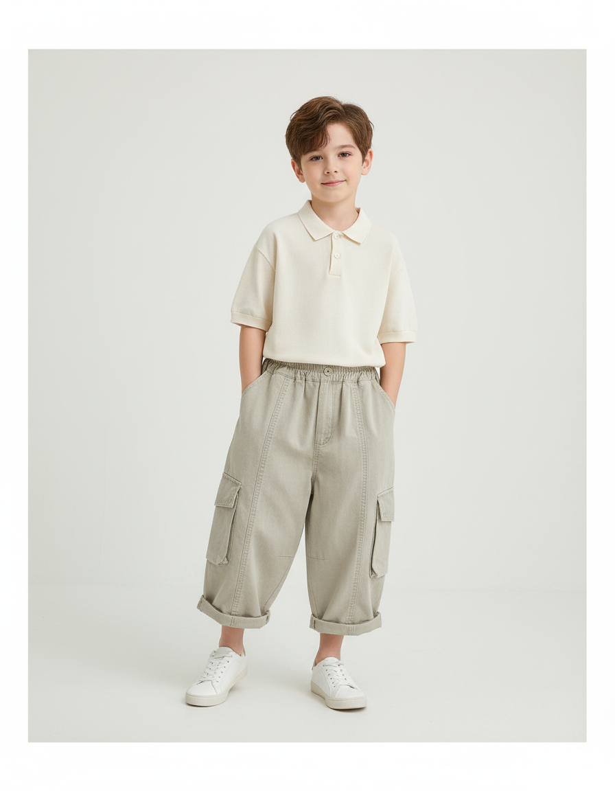 Pantalon Baggy Cargo Ample Coton Beige Garçon