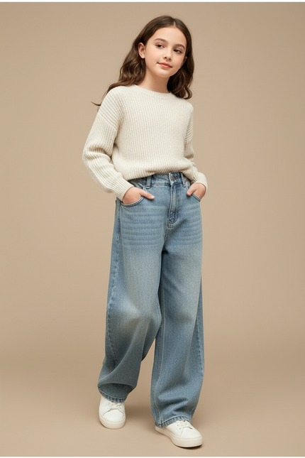 Pantalon Baggy Denim Ample Décontracté Fille - Bleu Jean