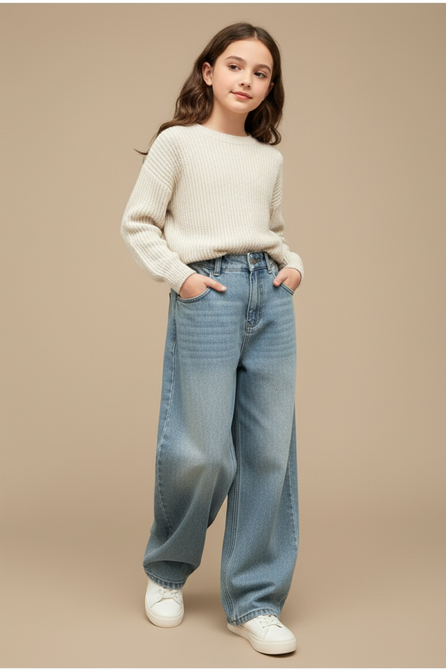 Pantalon Baggy Denim Ample Décontracté Fille - Bleu Jean