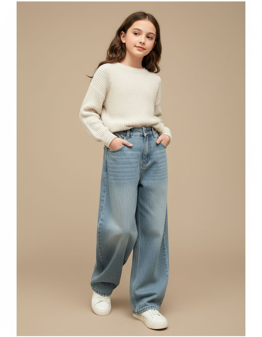 Pantalon Baggy Denim Ample Décontracté Fille - Bleu Jean