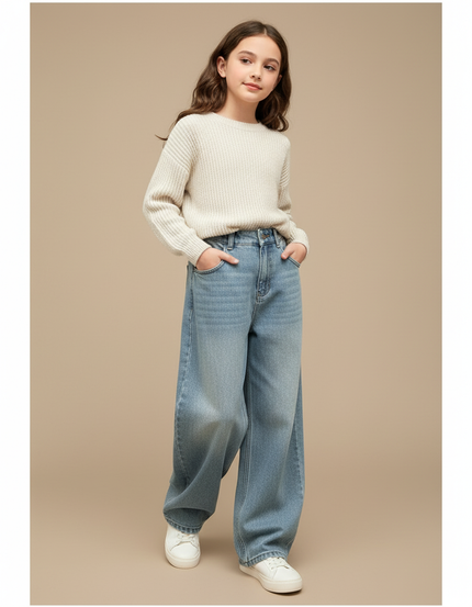 Pantalon Baggy Denim Ample Décontracté Fille - Bleu Jean