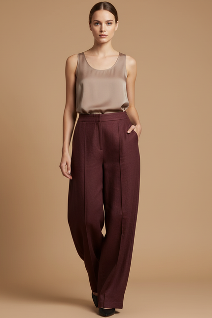 Pantalon Baggy Bordeaux Ample Droit Taille Haute Élégant - Laine