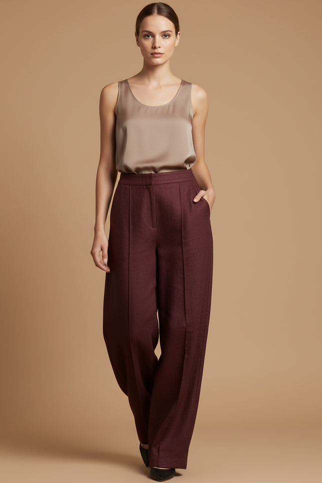 Pantalon Baggy Bordeaux Ample Droit Taille Haute Élégant - Laine