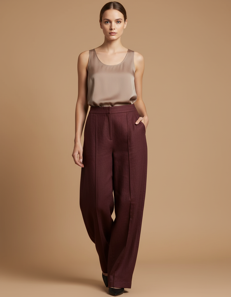 Pantalon Baggy Bordeaux Ample Droit Taille Haute Élégant - Laine