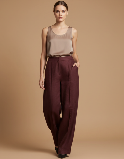 Pantalon Baggy Bordeaux Ample Droit Taille Haute Élégant - Laine