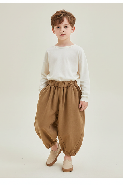 Pantalon Baggy Marron Ample Coton Enfant Uni Confortable - Molleton