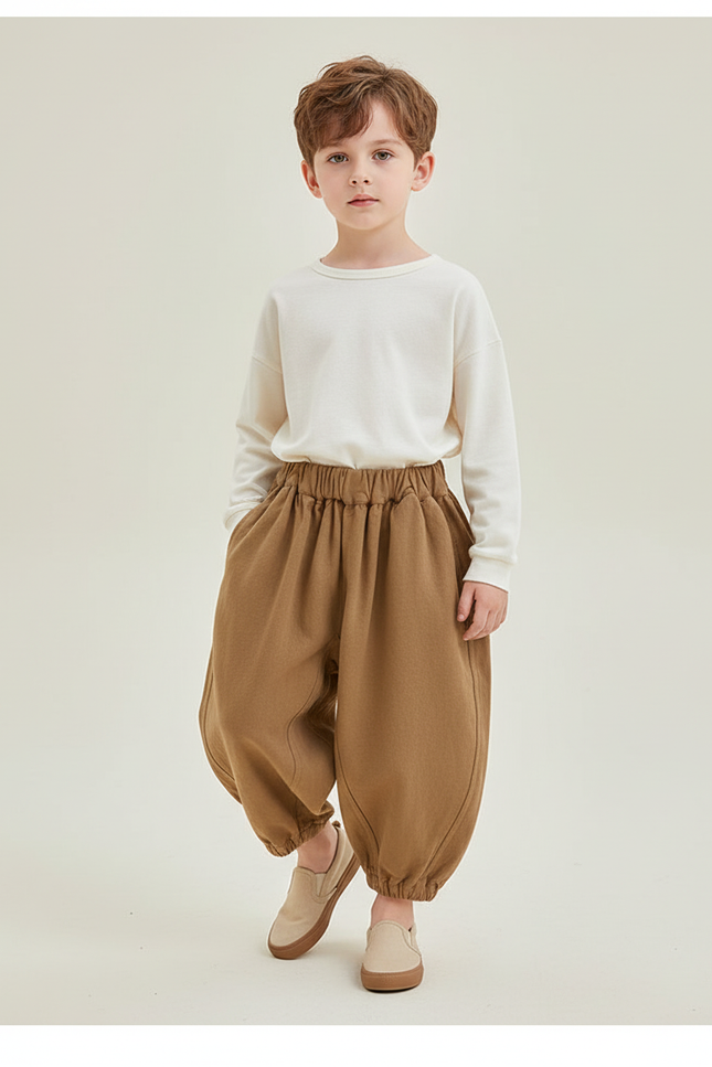 Pantalon Baggy Marron Ample Coton Enfant Uni Confortable - Molleton