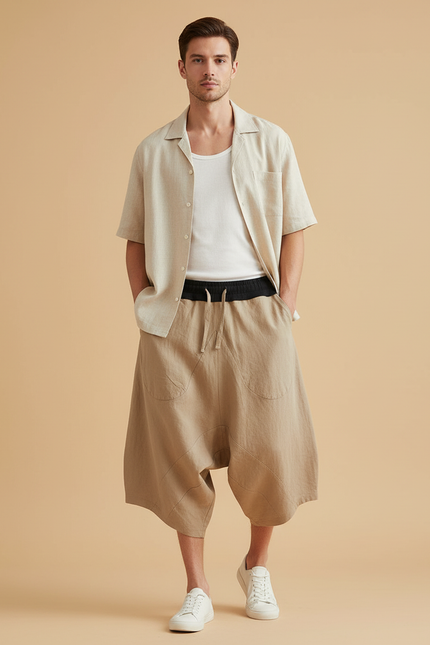 Pantalon Baggy Lin Ample Décontracté Homme Beige