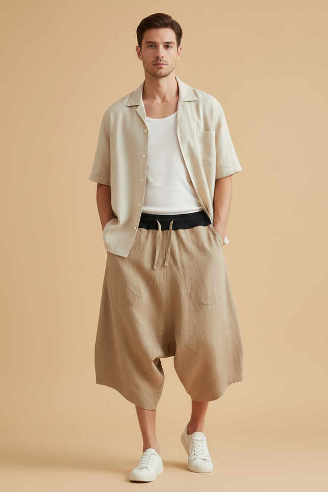 Pantalon Baggy Lin Ample Décontracté Homme Beige