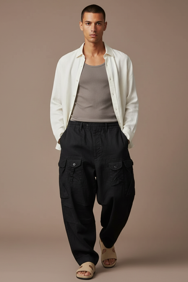 Pantalon Baggy Noir Ample Cargo Coton Vintage Homme