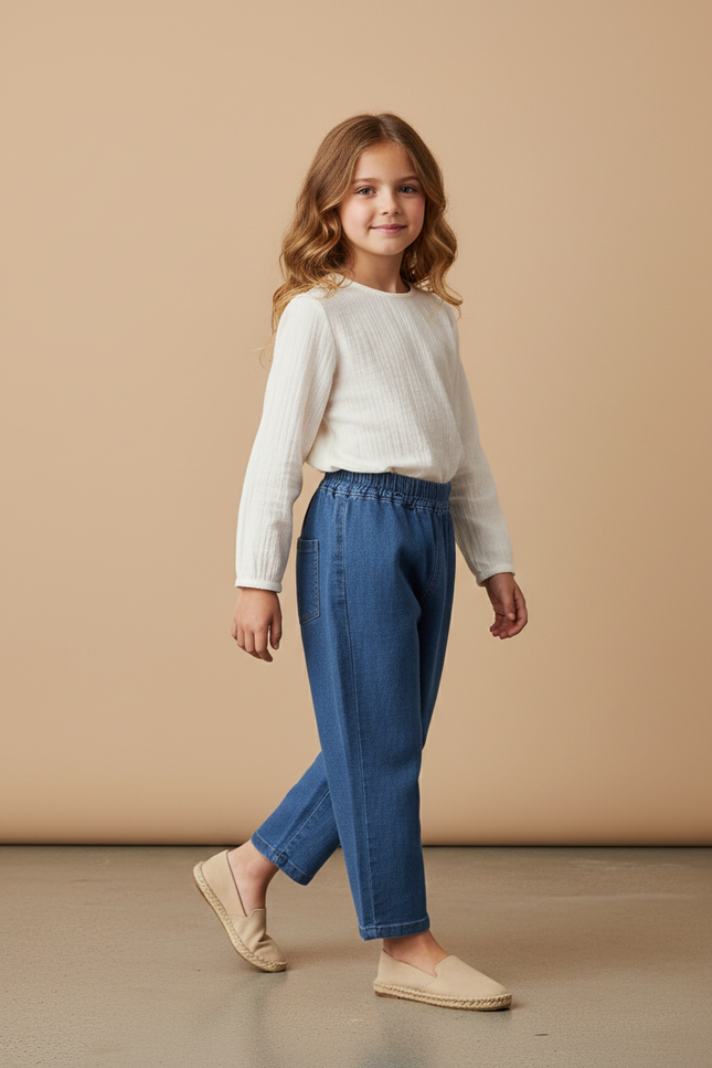 Pantalon Baggy Denim Bleu Élastiqué Ample Enfant Fille - Jean