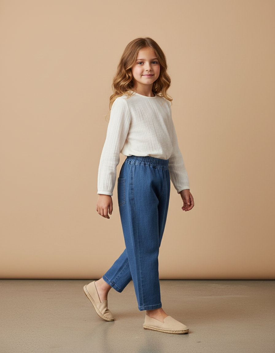Pantalon Baggy Denim Bleu Élastiqué Ample Enfant Fille - Jean