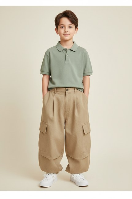 Pantalon Baggy Kaki Cargo Ample Plissé Garçon - Toile