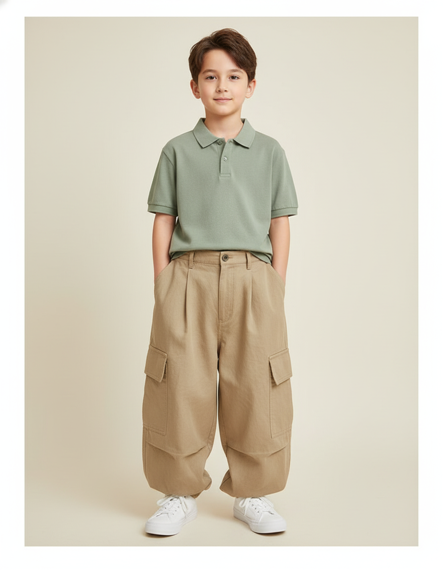 Pantalon Baggy Kaki Cargo Ample Plissé Garçon - Toile