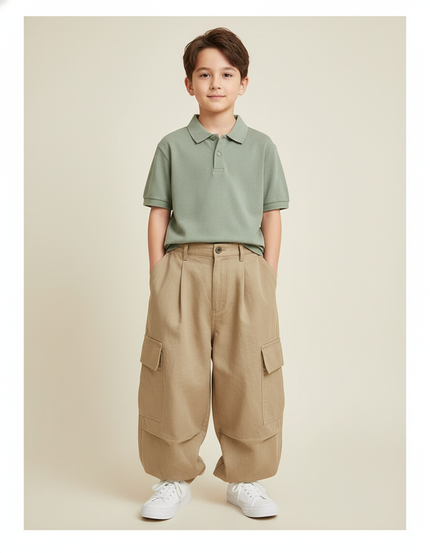 Pantalon Baggy Kaki Cargo Ample Plissé Garçon - Toile
