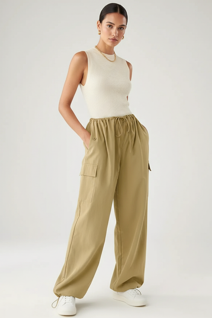 Pantalon Baggy Kaki Cargo Ample Décontracté Cordon - Toile