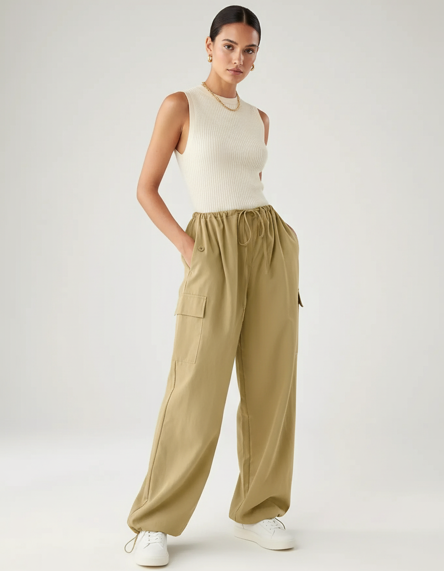 Pantalon Baggy Kaki Cargo Ample Décontracté Cordon - Toile