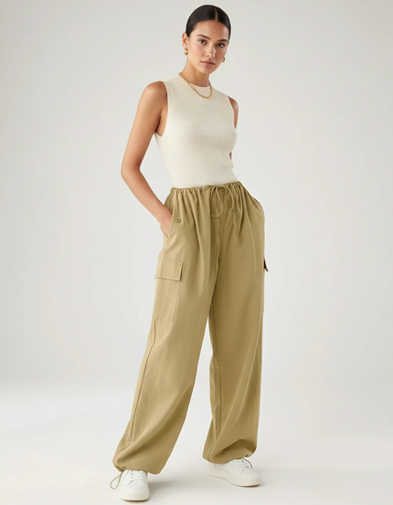 Pantalon Baggy Kaki Cargo Ample Décontracté Cordon - Toile