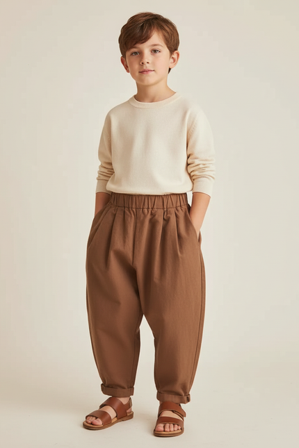 Pantalon Baggy Marron Ample Coton Plissé Décontracté Enfant