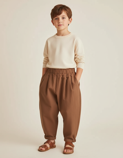 Pantalon Baggy Marron Ample Coton Plissé Décontracté Enfant