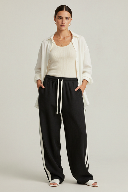 Pantalon Baggy Noir Rayures Blanches Ample Femme - Molleton