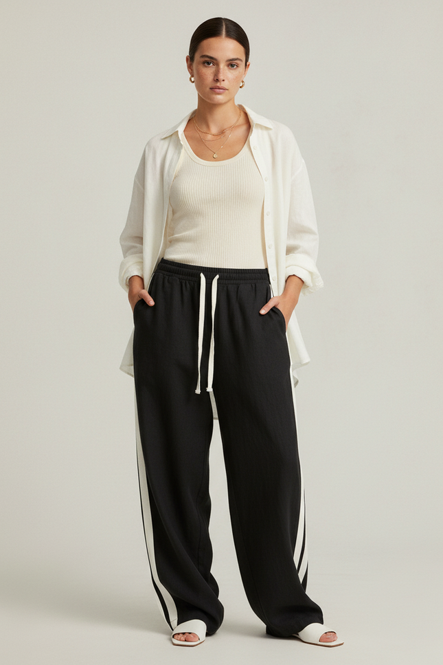 Pantalon Baggy Noir Rayures Blanches Ample Femme - Molleton