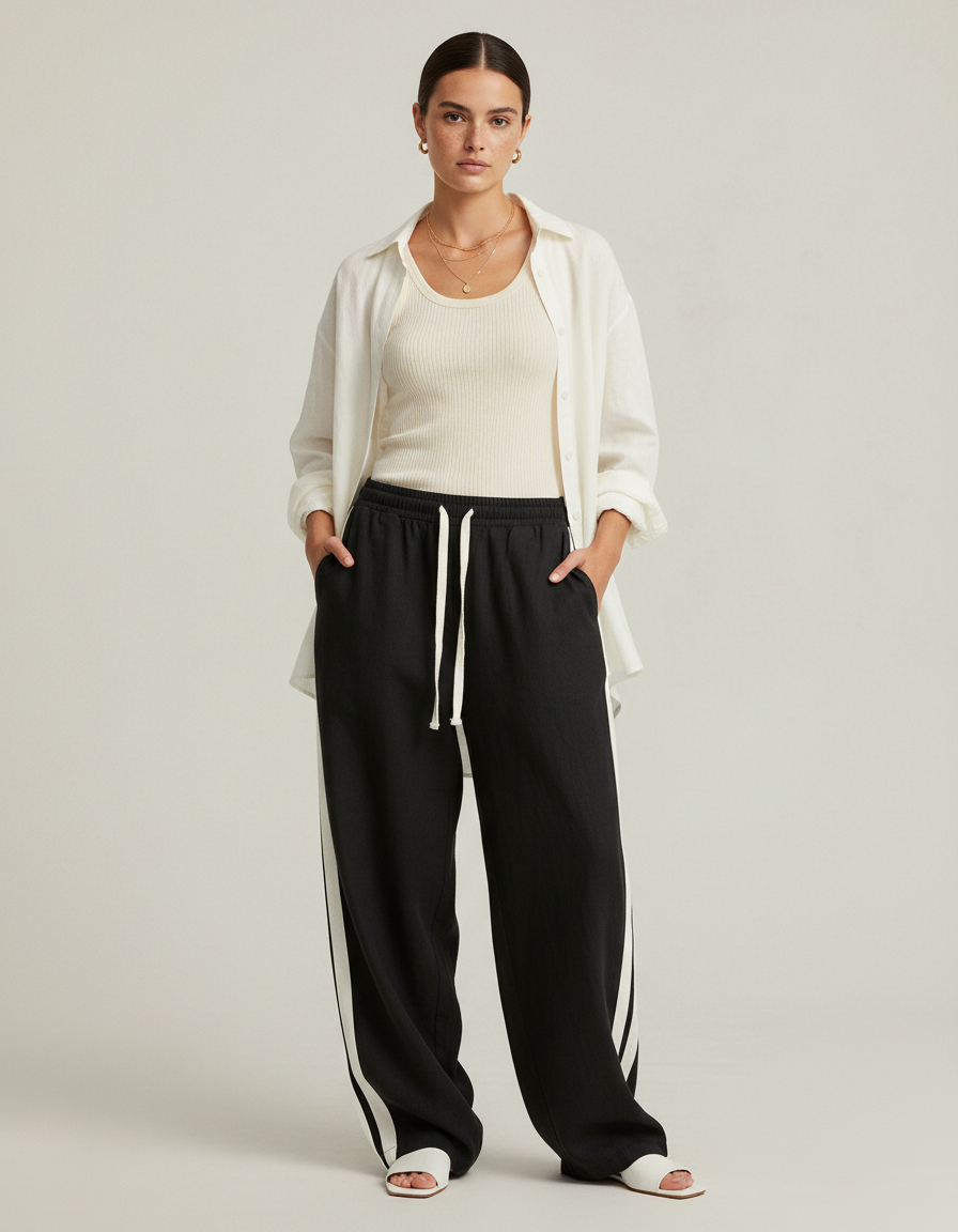 Pantalon Baggy Noir Rayures Blanches Ample Femme - Molleton