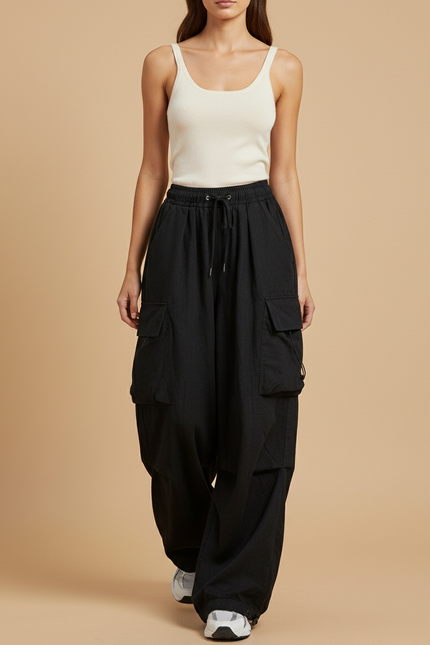 Pantalon Baggy Noir Cargo Ample Cordon Décontracté - Toile