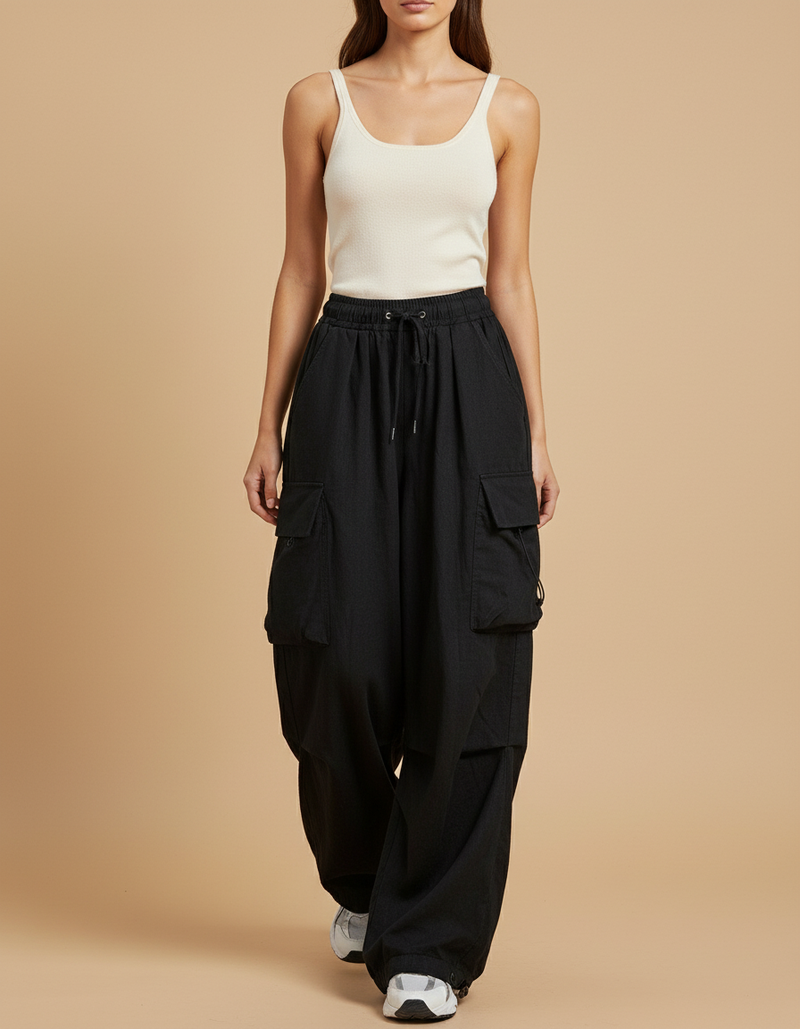 Pantalon Baggy Noir Cargo Ample Cordon Décontracté - Toile