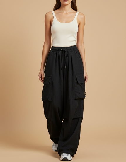 Pantalon Baggy Noir Cargo Ample Cordon Décontracté - Toile