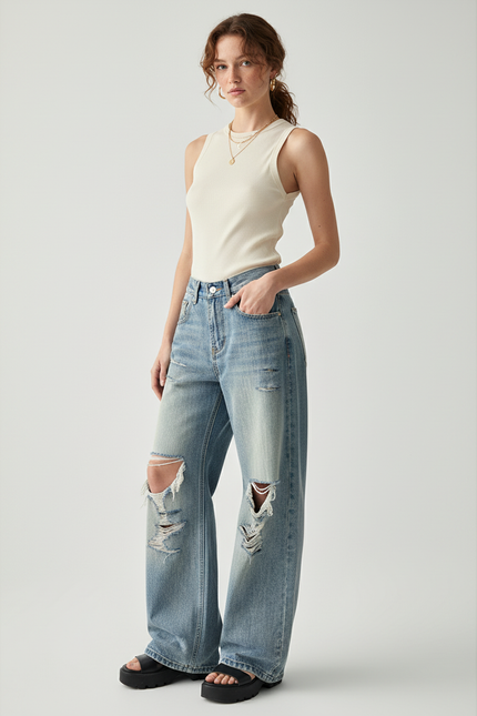 Pantalon Baggy Jean Bleu Droit Délavé Déchiré